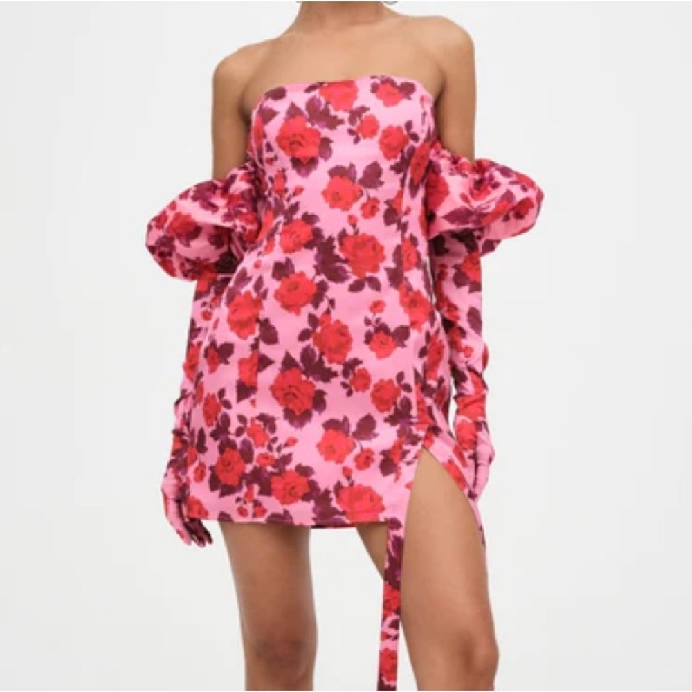 For Love and Lemons Huda Mini Dress Rose Print Strapless Satin with Puff Sleeves